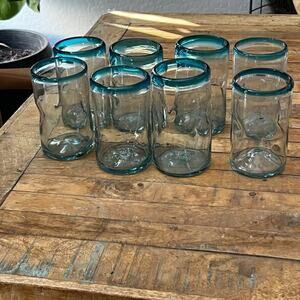 Turquoise Blue Rimmed Hand Blown Dimple Drinking Glasses Tumblers Set of 8